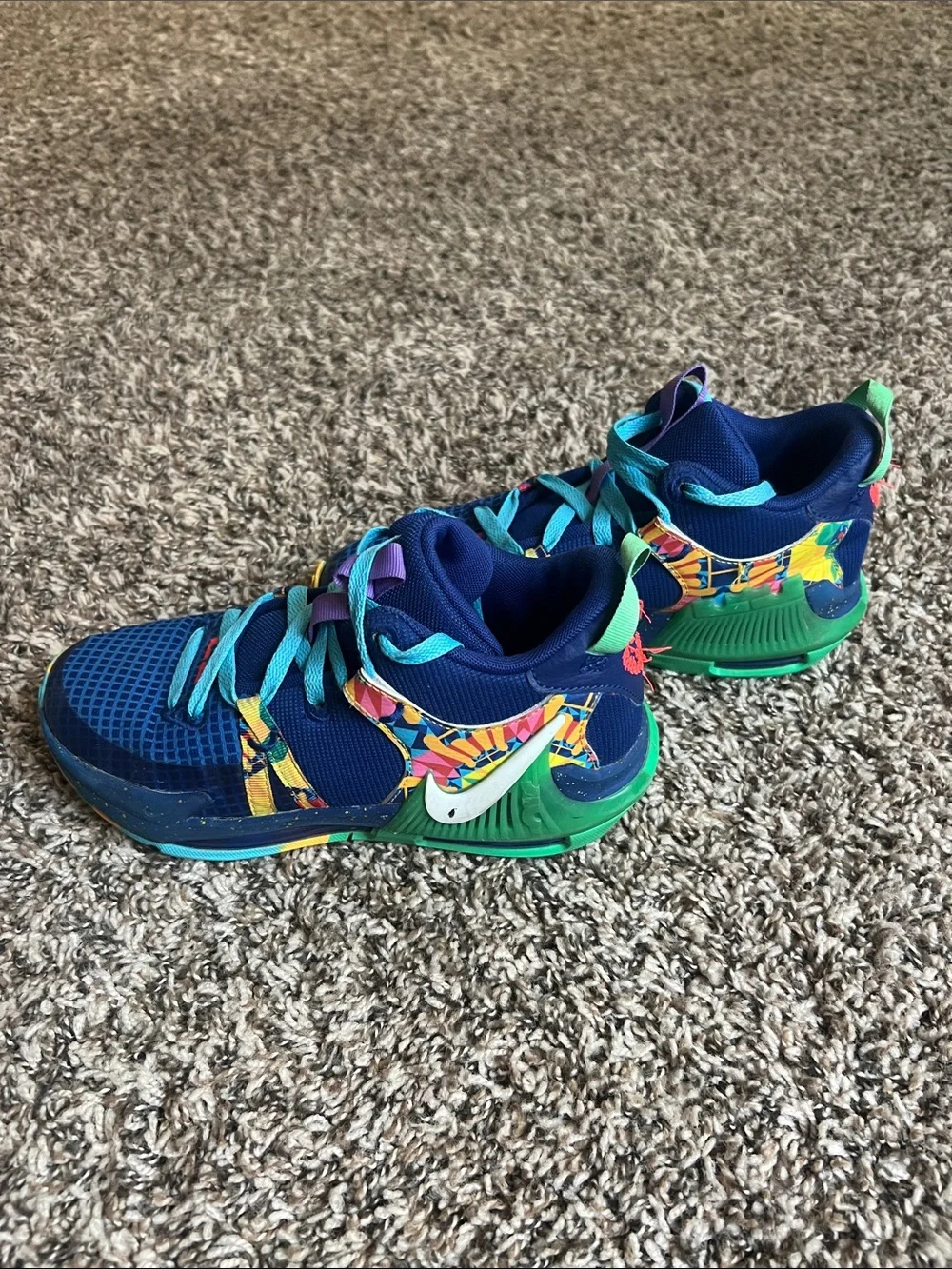 Nike LeBron Kids Navy Blue Sneakers with Teal and Purple Accents